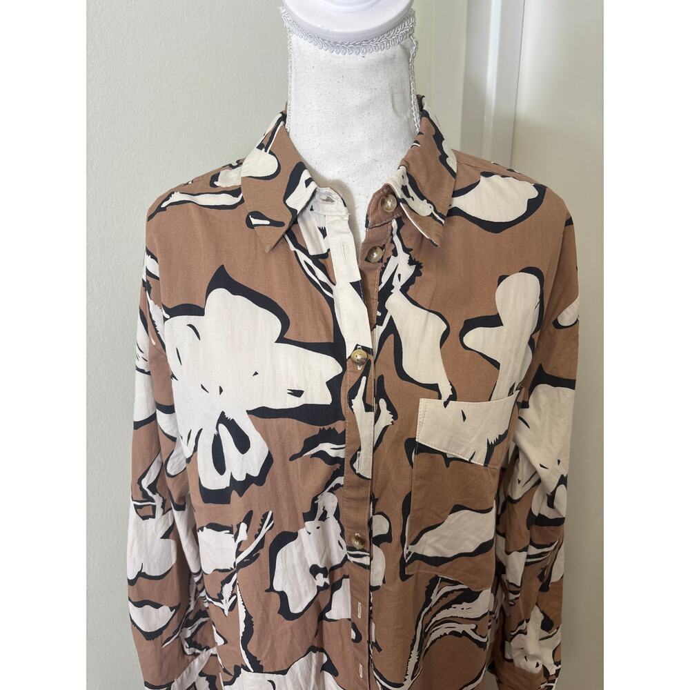 Maeve Tan and White Floral Button-Down Mini Shirt Dress - Picture 2 of 5
